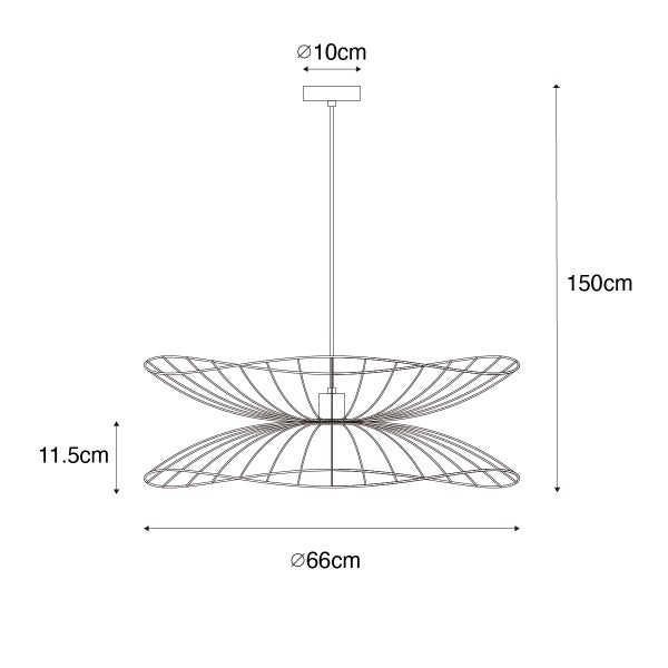 Technische Zeichnung einer Pendelleuchte mit den Maßen 66 cm Durchmesser und 150 cm Höhe