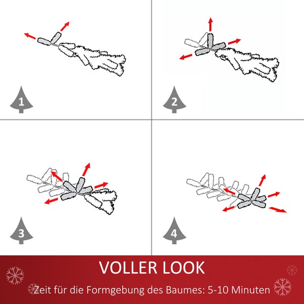 Anleitung in vier Schritten zum Biegen von künstlichen Tannenbaumzweigen für ein volles Aussehen, Dauer circa 5 bis 10 Minuten.