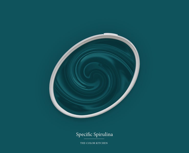 Wandfarbe Specific Spirulina von The Color Kitchen in einem Farbeimer mit Farbwirbel.