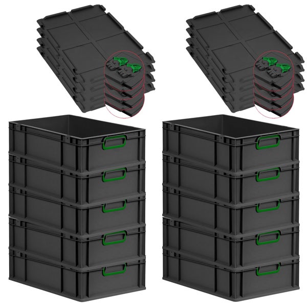 PROREGAL SuperSparSet 10x Eurobox NextGen Color mit Scharnierdeckel und Schiebeschnappverschlüssen, HxBxT 17x40x60cm, 34 Liter, Schwarz, Griffe grün geschlossen, Eurobehälter, Transportbox, Transportbehälter, Stapelbehälter