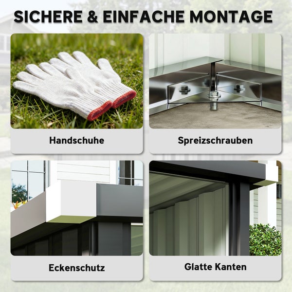 Graues Gerätehaus aus Kunststoff mit Satteldach, einer Tür, einem Fenster, Vorhängeschloss und Arbeitshandschuhen.