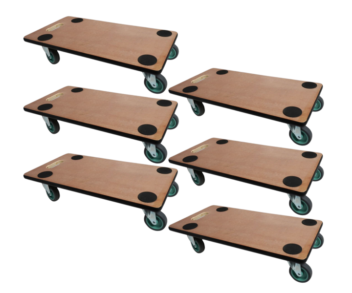 Sechser-Set Transporthilfen aus Holz mit Lenkrollen, Antirutschpunkten und integriertem Tragegriff.
