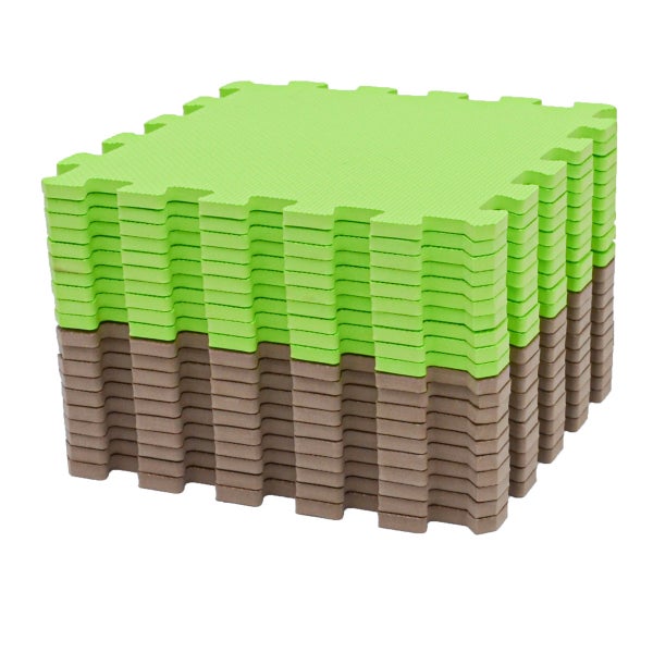 Quadratische, ineinandergreifende Schaumstoffmatten im Puzzle-Design mit strukturierter Oberfläche in Grün und Braun.