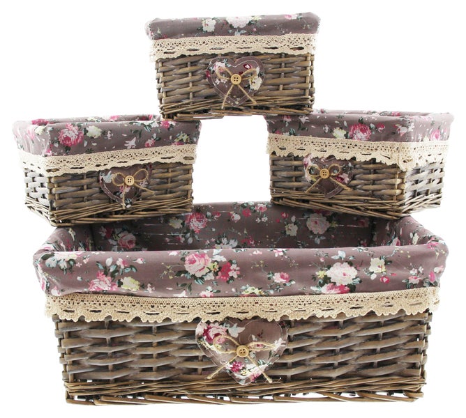FRANK FLECHTWAREN | Universalkorb Rosenliebe, 4er Set, WEIDE, 40 x 25 x 16 cm, 20 x 14 x 11 cm
