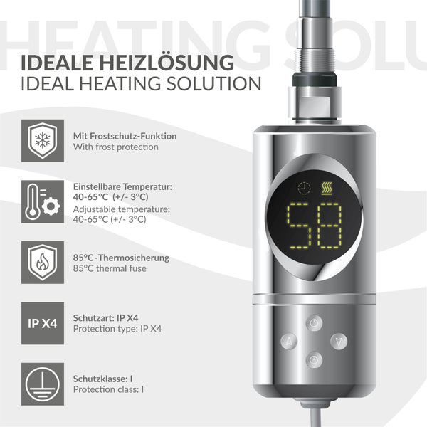 ML-Design Heizstab 600W Chrom mit Thermostat und LCD Bildschirm, Elektronischer Temperaturregler und Timing-Funktion, Heizpatrone Heizelemente für Badheizkörper Heizungen, Elektroheizstab mit Stecker