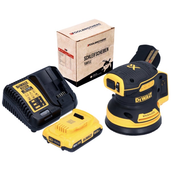 DeWalt Akku Exzenterschleifer Set mit Ladegerät, Akku und einer Packung Toolbrothers Schleifscheiben.