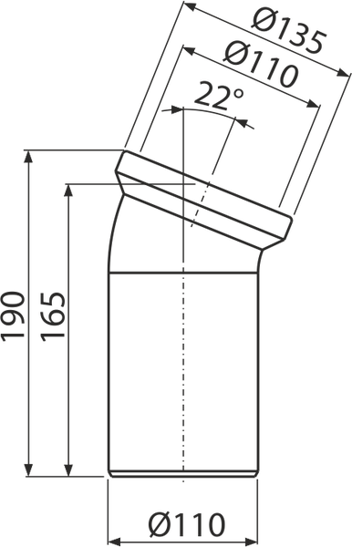 Technische Zeichnung eines HT-Rohrbogens mit 22 Grad Winkel, Durchmesser 110 Millimeter und Maßangaben in Millimetern.