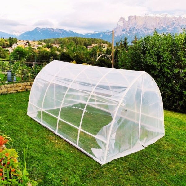 Gewächshaus auf einer grünen Wiese vor einer Berglandschaft