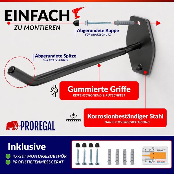 Proregal Reifenwandhalter aus pulverbeschichtetem Stahl mit Gummierung, inklusive Montageset und Profiltiefenmesser für Reifen.