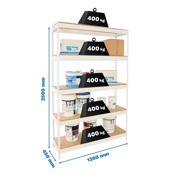 PROREGAL Schwerlastregal Giant Wood Yeti Five HxBxT 250x120x45 cm Fachlast 400 kg Weiß