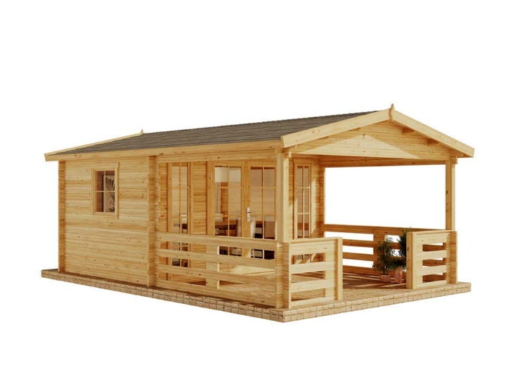 Alpholz Gartenhaus Lappland-40 B Gartenhaus aus Holz in Pinie, Holzhaus mit 40 mm Wandstärke inklusive Terrasse, Blockbohlenhaus mit Montagematerial imprägniert 3,8x5,9m