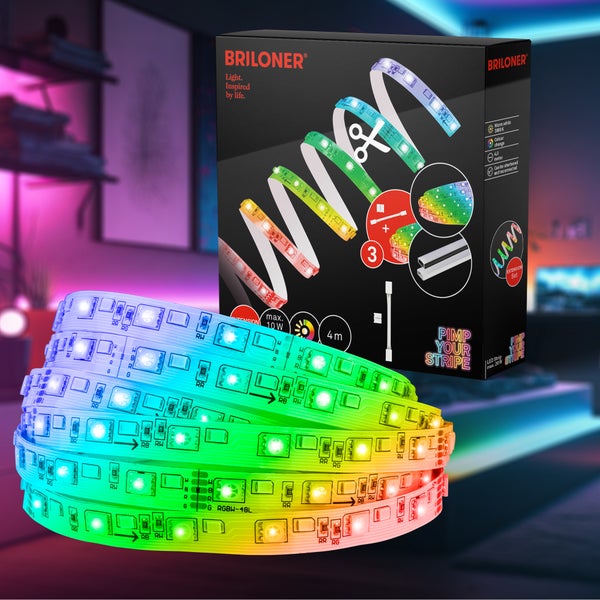 Briloner LED Streifen Erweiterung, 4 Meter, mehrfarbiger Farbwechsel, warmweißes Licht, kürzbar und wieder verbindbar, mit Verpackung.