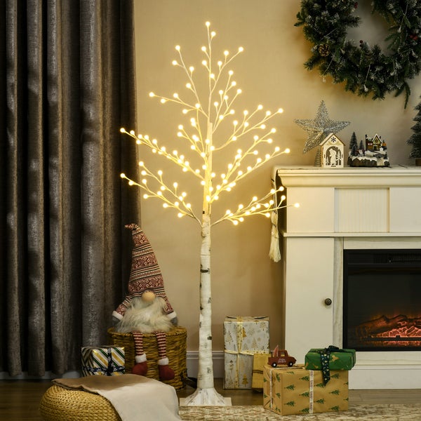 HOMCOM 150 cm Lichterbaum, Birkenbaum mit 120 Warmweiß 3 Helligkeitsstufen LED, Weihnachtsbaum Birken, Led Baum Kunstbirke für Party, Geburtstag, Hochzeit IP44 Weiß
