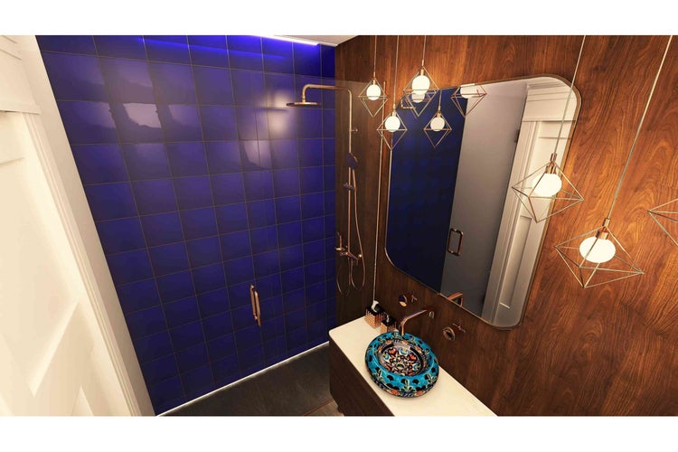 Modernes Badezimmer mit blauen Fliesen, Dusche, Spiegel und dekorativem Waschbecken