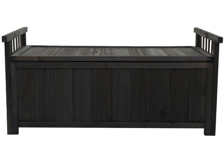 Dunkle Holzgartenbox zur Aufbewahrung von Gartengeräten