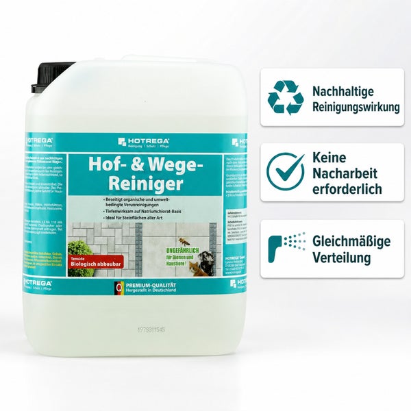 Hotrega Hof- und Wege-Reiniger in einem Kunststoffkanister zur Beseitigung organischer Verschmutzungen auf Stein- und Pflasterflächen.