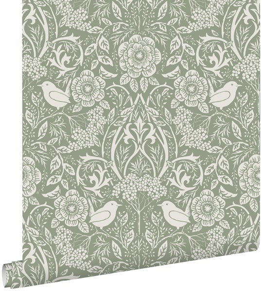 ESTAhome Tapete Blumen und Vögel im Jugendstil Graugrün - 53 cm x 10.05 m - 139293