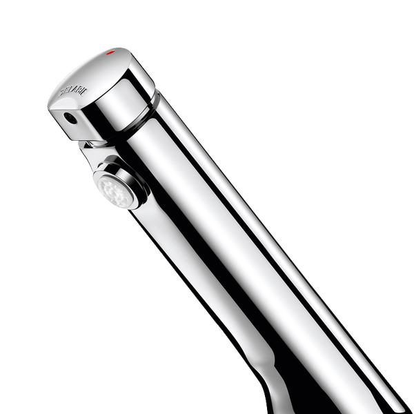 Delabie Selbstschluss-Standarmatur aus verchromtem Metall mit Druckknopf.