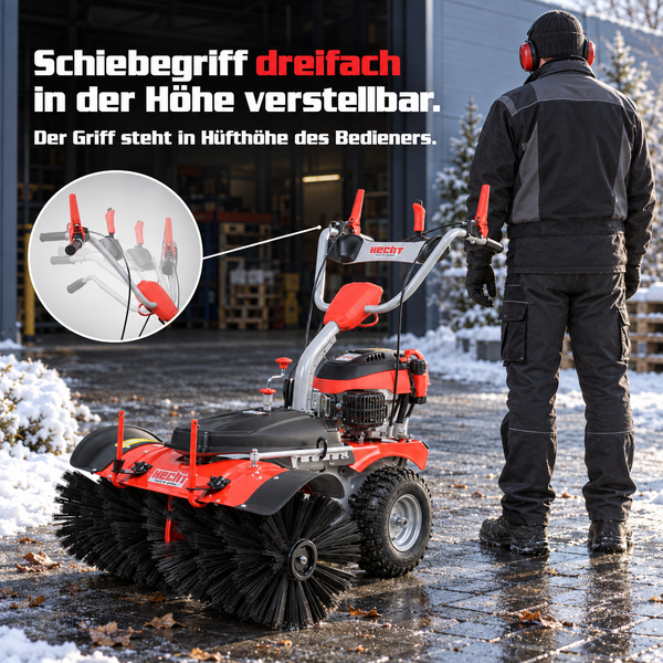 Hecht 8101 S Kehrmaschine mit Vergleichstabelle zur Arbeitsbreite und Ausstattung im Wintereinsatz