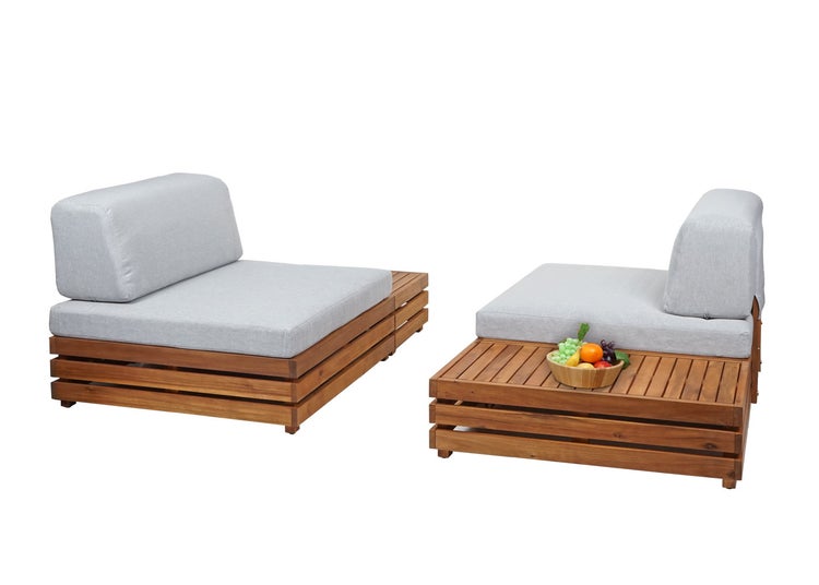 Modulares Garten-Lounge-Set aus Holz mit grauen Polstern, bestehend aus zwei flexibel kombinierbaren Elementen für Terrasse oder Garten.