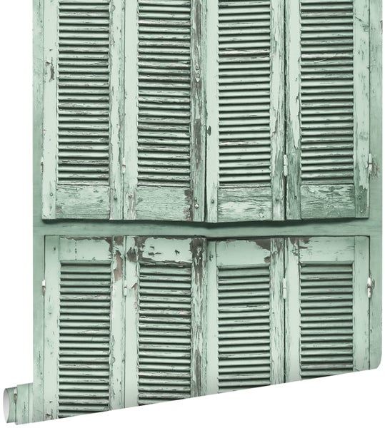 ESTAhome Tapete verwitterte, französische, vintage Fensterläden Graugrün - 53 cm x 10.05 m - 138883
