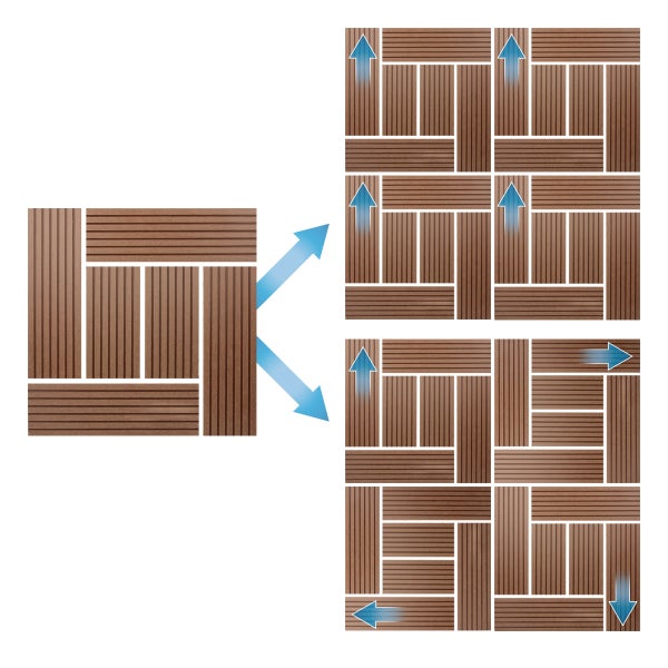 Darstellung verschiedener Verlegemuster für Terrassenfliesen aus Verbundwerkstoff mit Richtungsanzeige durch Pfeile.