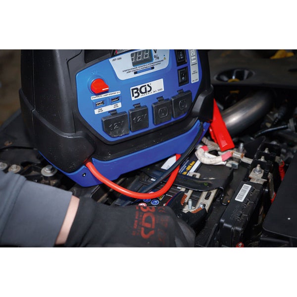 Starthilfegerät beim Anschließen an eine Autobatterie