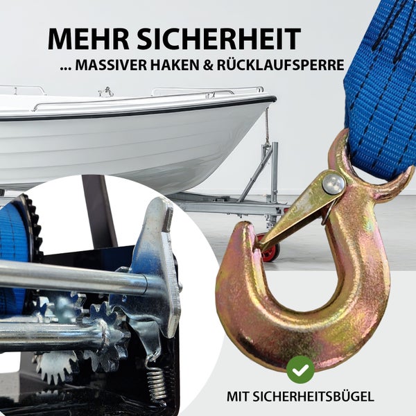 Bootsanhänger mit massivem Haken und Rücklaufsperre für mehr Sicherheit