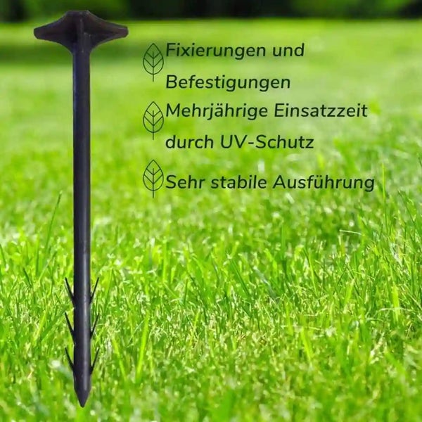 Kunststoff Erdnagel zur Befestigung von Unkrautvlies, UV-beständig und stabil, geeignet für die langfristige Nutzung im Garten.