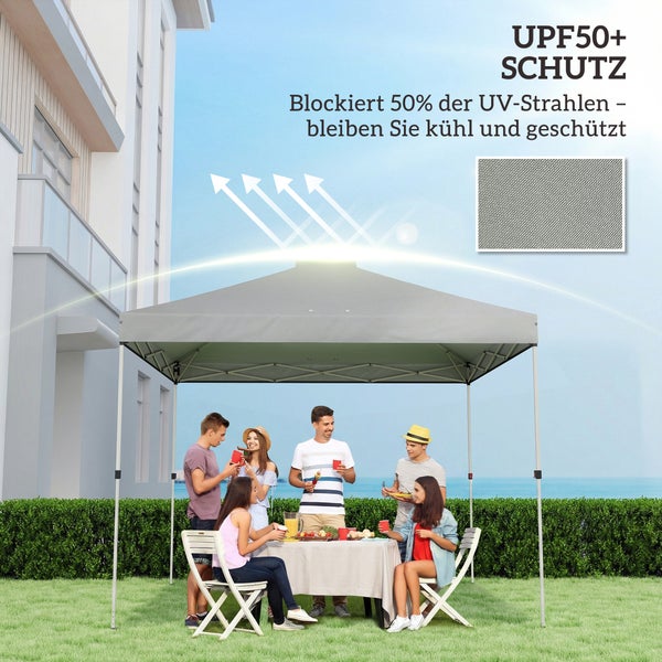 Grauer Faltpavillon mit UPF 50 Plus UV-Schutz im Garten. Eine Gruppe von Menschen sitzt an einem Tisch unter dem Pavillon.