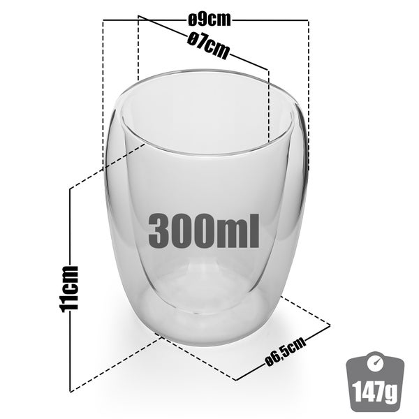 Doppelwandiges Glas mit 300 Milliliter Fassungsvermögen, 11 Zentimeter Höhe, 9 Zentimeter Außendurchmesser und 147 Gramm Gewicht.