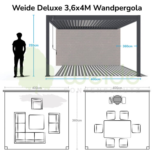 Weide Deluxe Wandpergola 3,6 x 4 M - Voll-Aluminium, Lamellendach, Weiß