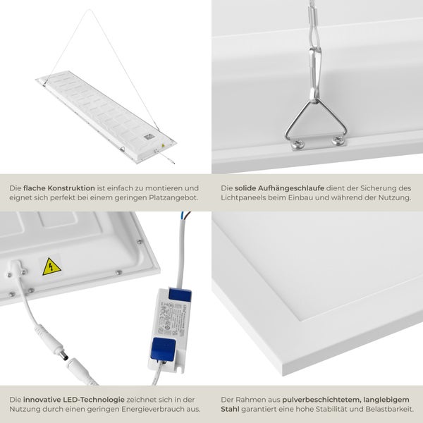 LED-Panel zur Deckenmontage mit Stahlrahmen und Aufhängungsseilen