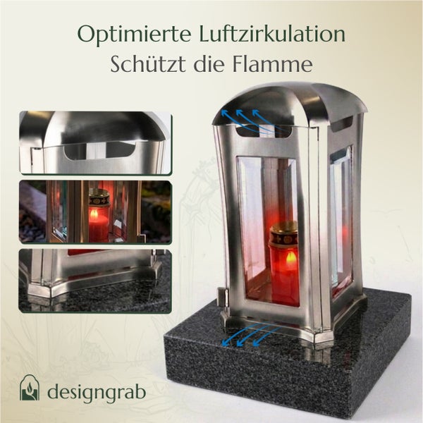Grablampe aus Edelstahl mit optimierter Luftzirkulation zur Flammenstabilisierung auf einem Sockel stehend mit Detailansichten.