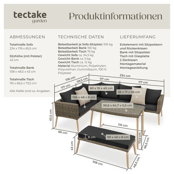Rattan Lounge tectake Pula mit Sicherheitsglasplatte mit Aluminiumgestell natur