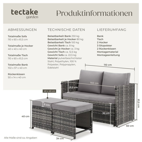 Infografik zu Gartenmöbel-Set mit tectake Logo. Gezeigt werden Maße in Zentimeter für Sofa und Hocker sowie technische Daten und Lieferumfang.