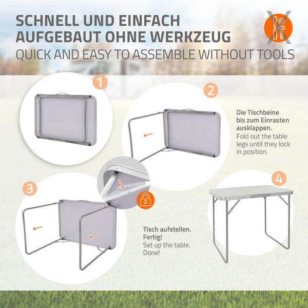 ECD Germany Alu Campingtisch Klapptisch, 70x50x60 cm, Grau, MDF-Platte, klappbar, tragbar, leicht, Falttisch für Picknick, Camping Koffertisch mit Griff, Gartentisch Reisetisch Balkontisch Esstisch