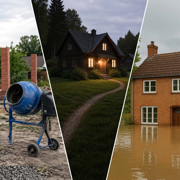Collage mit Betonmischer auf Baustelle, beleuchtetem Holzhaus bei Nacht und überflutetem Backsteinhaus.