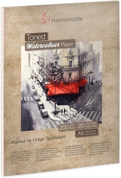 Hahnemühle Logo, Hahnemühle Toned Watercolour Paper Aquarellblock, getöntes Papier, Format A5, 200 Gramm pro Quadratmeter, 20 Blatt.