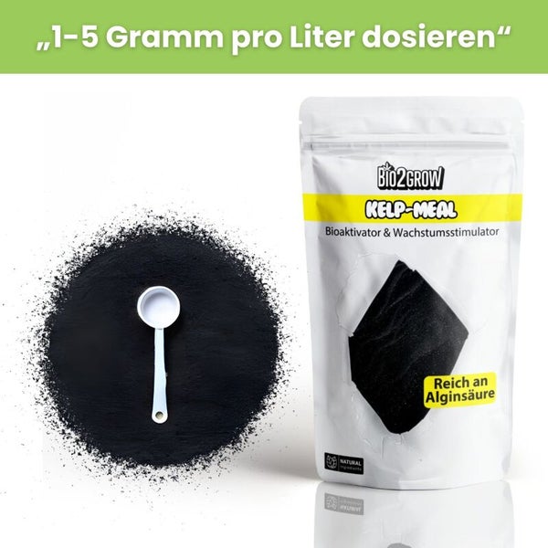 Bio2Grow Kelp Meal Bioaktivator und Wachstumsstimulator mit Messlöffel und Dosierhinweis