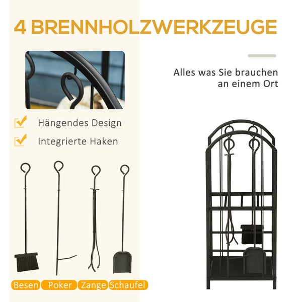 Outsunny kaminholzregal, mit 4 zusätzlichen Brennholzwerkzeugen, 2-Ebenen-Design, 41,5 x 32,5 x 74,5 cm, Metall, Schwarz