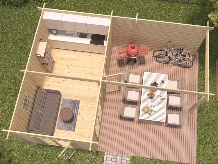 Draufsicht auf ein modernes hölzernes Gartenhaus mit Küche, Wohnraum und einer großen Terrasse mit Essbereich, Grill und Fahrrädern.