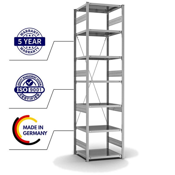 PROREGAL Fachbodenregal Stecksystem T-Profil Heavy-Duty Grundregal HxBxT 300 x 75 x 60 cm 7 Ebenen Fachlast 300 kg Einseitig Nutzbar Verzinkt