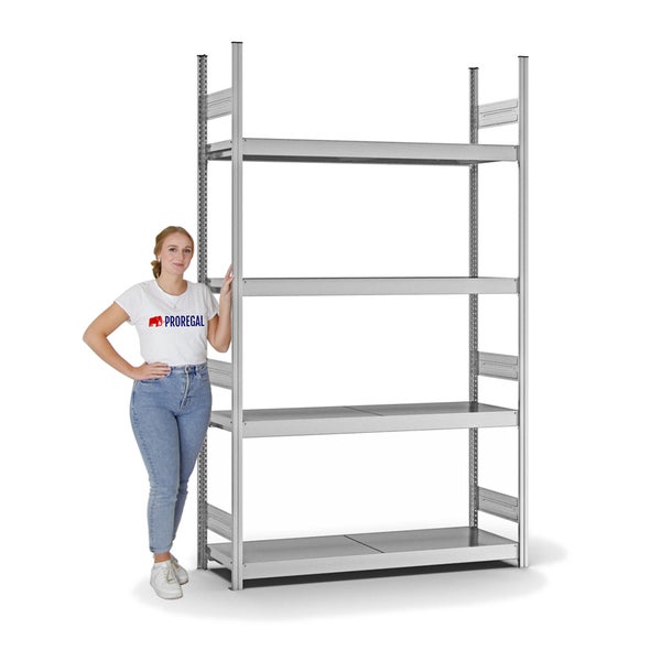 PROREGAL Weitspannregal Stecksystem T-Profil Grundregal HxBxT 250x150x40 cm 4 Ebenen Stahlplatten Fachboden Fachlast 350 kg Verzinkt