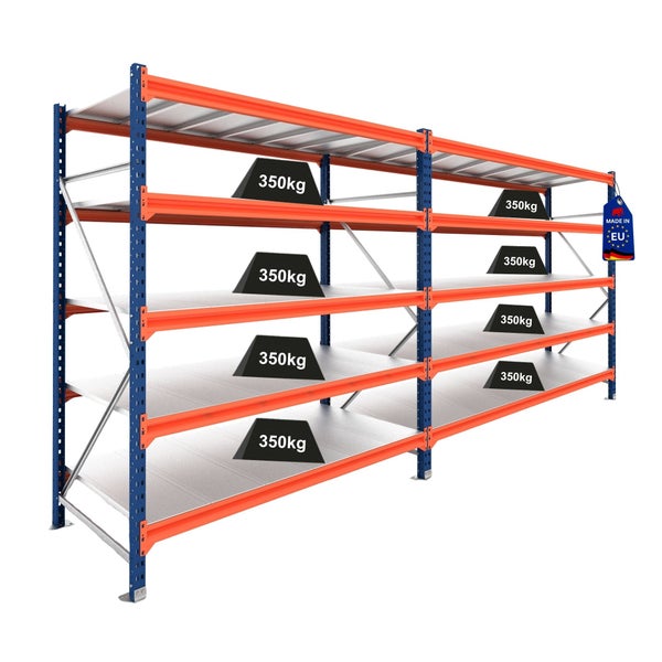 Weitspannregal aus Metall in Blau und Orange mit fünf Ebenen, jede Ebene ist mit bis zu 350 Kilogramm belastbar.