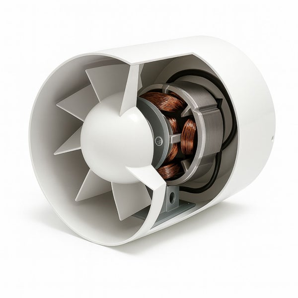 Axialventilator in Schnittdarstellung mit Motor und Ventilatorflügeln