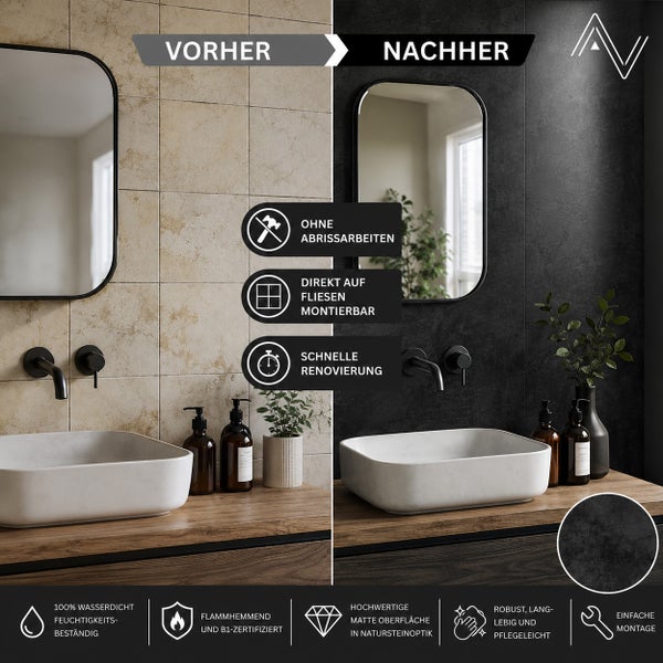 Vorher-Nachher-Vergleich einer Badrenovierung mit Wandpaneelen in Natursteinoptik. Montage ohne Abriss direkt auf Fliesen, wasserdicht und flammhemmend.