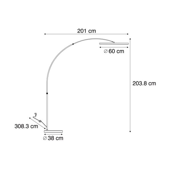 Maßzeichnung einer Bogenstehleuchte mit Angaben zu Höhe zweihundertdrei Komma acht Zentimeter und Ausladung zweihundertundeins Zentimeter.