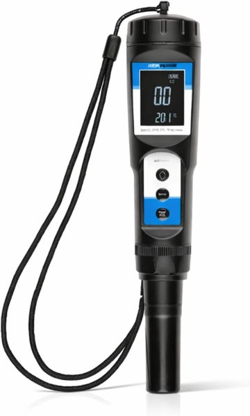 Digitales Messgerät mit LCD-Anzeige für Messwerte und Temperatur in Grad Celsius sowie einer schwarzen Trageschlaufe.