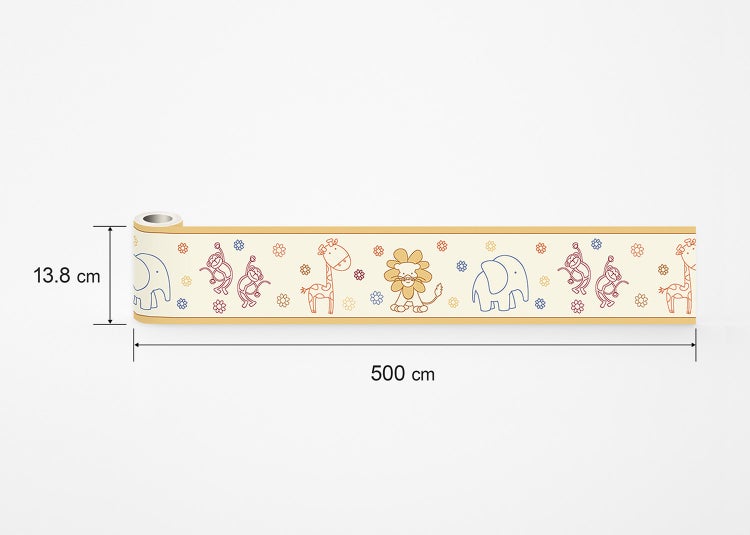 Tapetenbordüre für das Kinderzimmer mit Tiermotiven wie Elefanten, Giraffen und Löwen, Höhe 13,8 Zentimeter, Länge 500 Zentimeter.